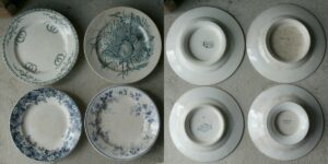 plats à gâteaux à la Brocante de la Pointe Minard à Plouézec, près de Paimpol